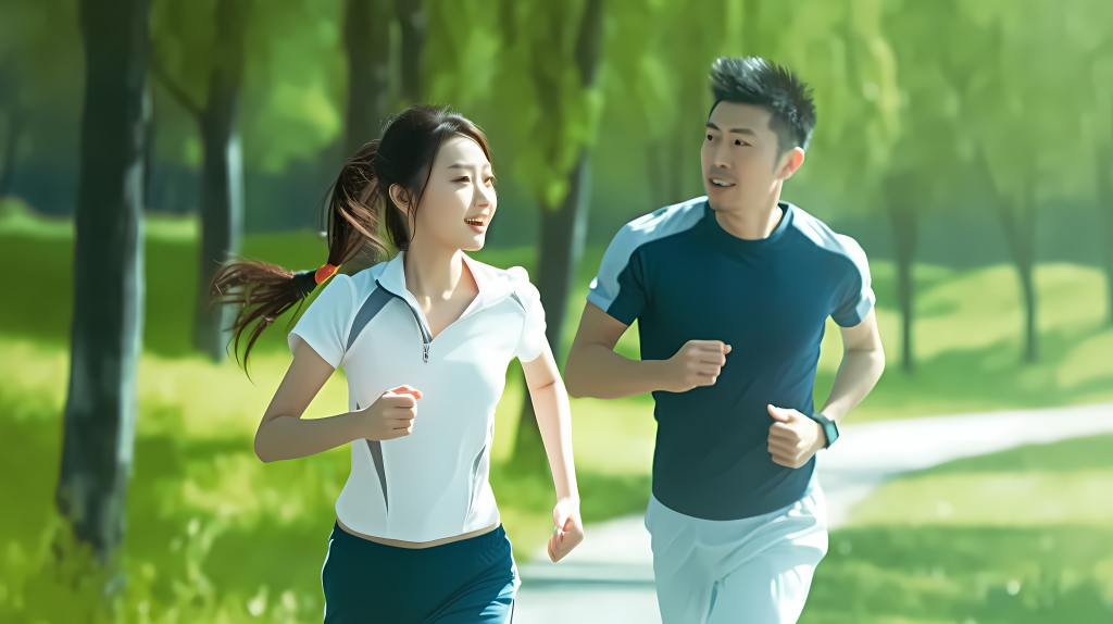 中男中女公园奔跑高清图版权图片下载