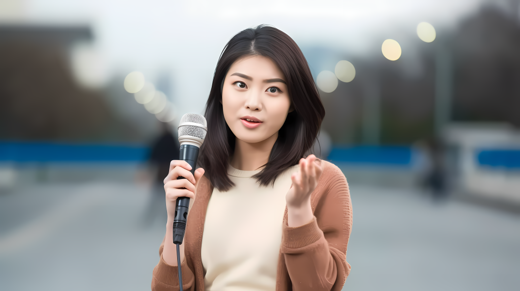 美丽女记者微笑着拿着话筒的摄影版权图片下载