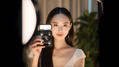 红唇美女手机相机摄影图片