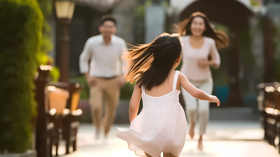 女孩奔向父母的瞬间图片
