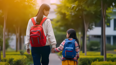 母女牵手背包旅行摄影图片