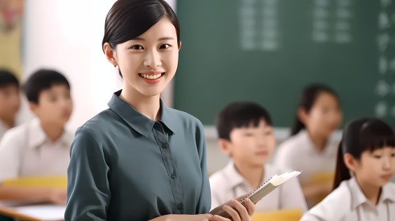 女教师微笑上课与学生合影图片