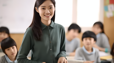 可爱女教师微笑与学生合照图片