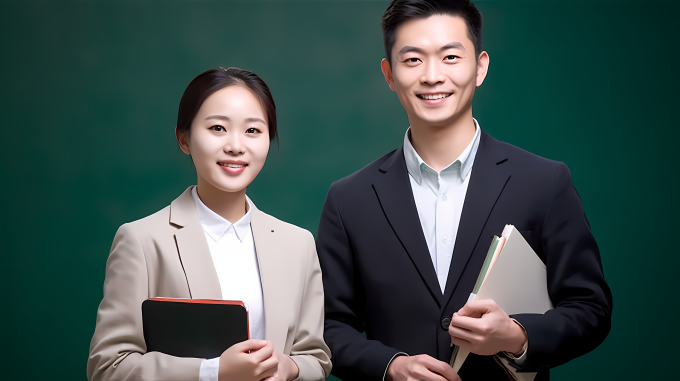 年轻的男女教师站在黑板前高清图