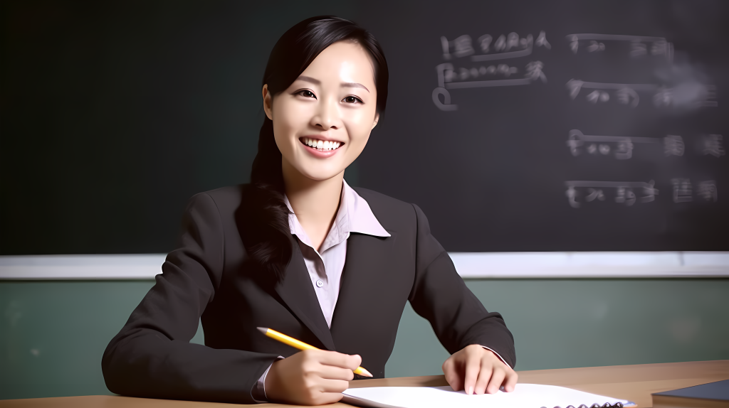 亚洲女老师手持铅笔微笑摄影版权图片下载