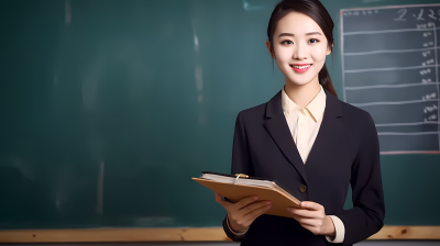 黑板前微笑的女教师摄影图