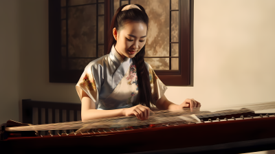 单独弹琴的穿旗袍女子摄影图