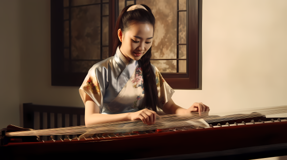 单独弹琴的穿旗袍女子摄影图