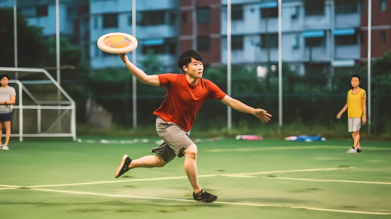 操场上两男子玩飞盘摄影图片