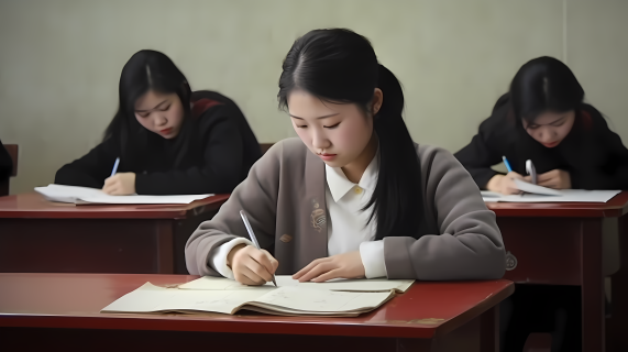 黑发亚洲女生考试写作文摄影图片