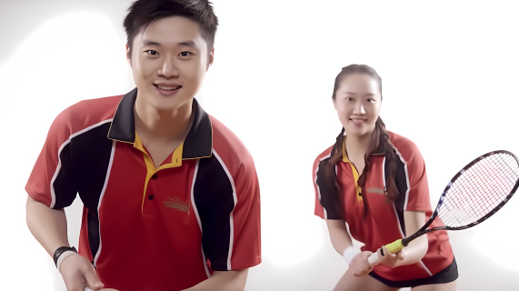 男女双打羽毛球持拍摄影图