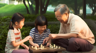 下棋场景祖孙三人家庭摄影图