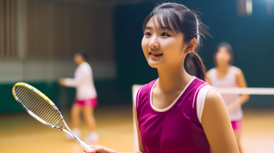 室内球场打羽毛球女孩微笑图片