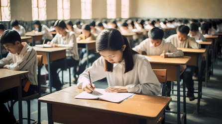 考场中认真考试的高中生高清图