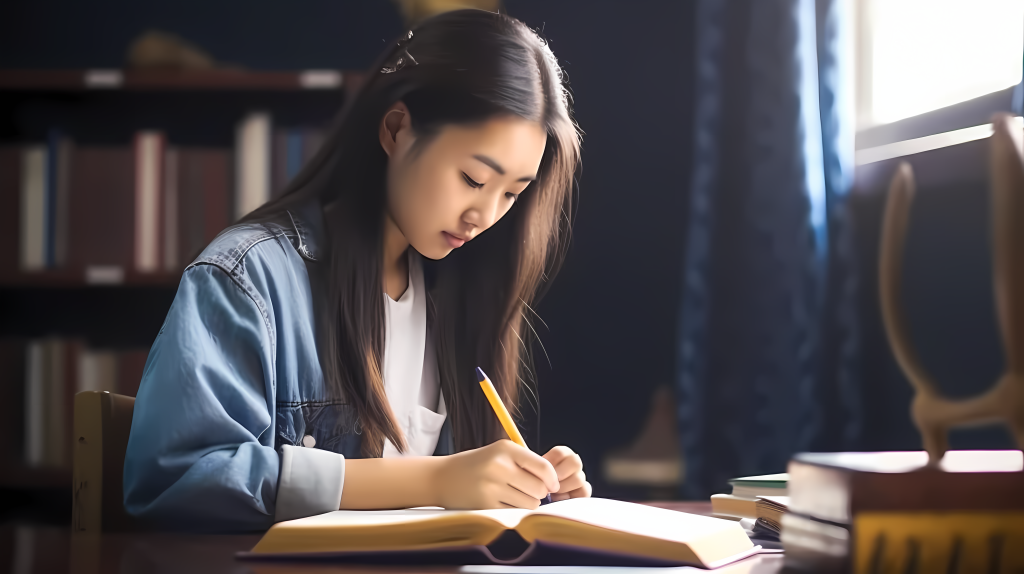靠近窗户学习桌上学习的学生高清图版权图片下载