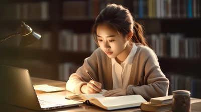 台灯下学生桌前自习摄影图