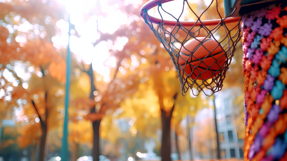 秋日阳光下的篮球场高清图