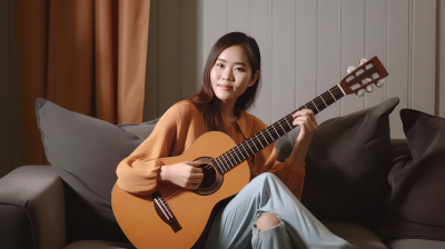 亚洲女孩在棕色沙发上弹吉他摄影图