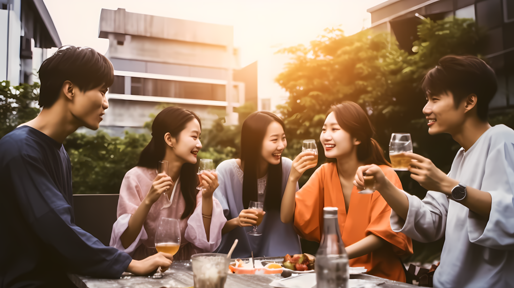 亚洲留学生聚会真实摄影图版权图片下载