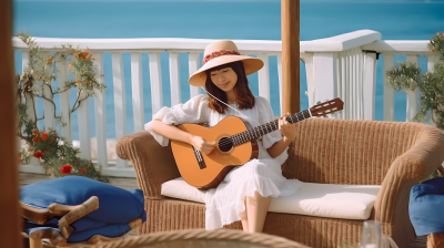 夏日海滩绽放音乐小女孩弹奏钢琴摄影图