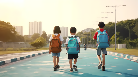 早晨背书包上学摄影图片
