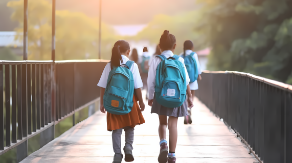 背蓝色书包上学学生摄影图片