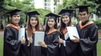 身穿学士服的毕业生们合照图
