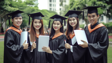 身穿学士服的毕业生们合照图