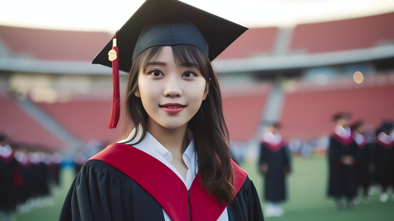 校园操场女子毕业学士服照摄影图