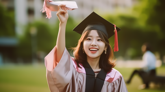 毕业季女子开心留念的传统摄影图片
