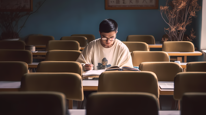 独自一人在读书室学习的男生高清图