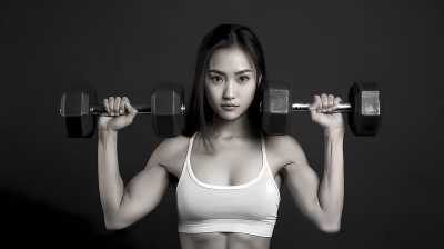 女性运动员举哑铃摄影图片