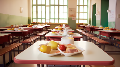 小学食堂座位上的餐盘摄影图片