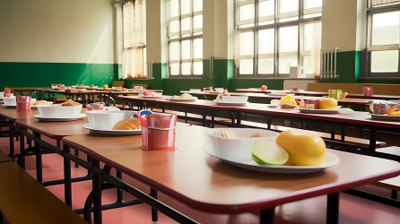 小学食堂用餐桌椅伙食搭配摄影图
