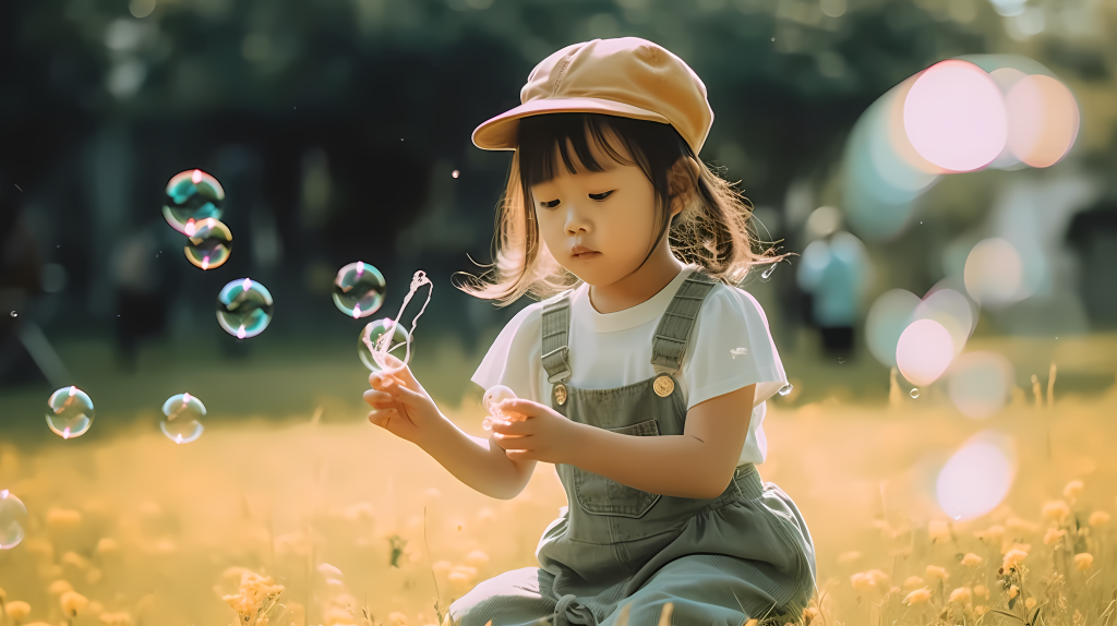 童趣自然风光吹泡泡的小女孩高清图版权图片下载