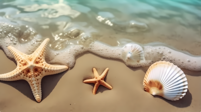 海滩上大小不一的海星摄影图