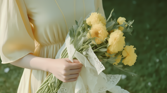 轻纱黄裙女子手持鲜花摄影图