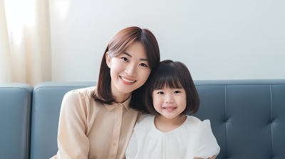 亚洲母女轻松愉快地坐在沙发上微笑着