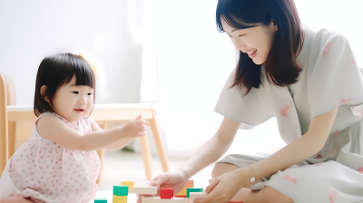 母女益智玩具积木摄影图