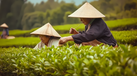 茶园春色草帽采茶摄影图片