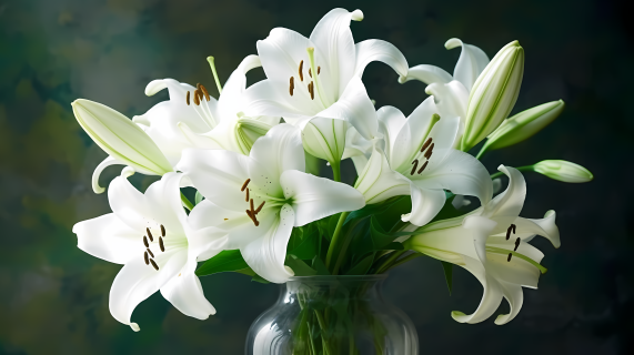 玻璃花瓶中的白百合花摄影图片