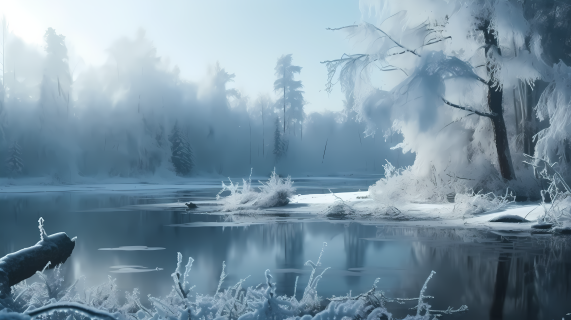 雪林冻湖摄影图片