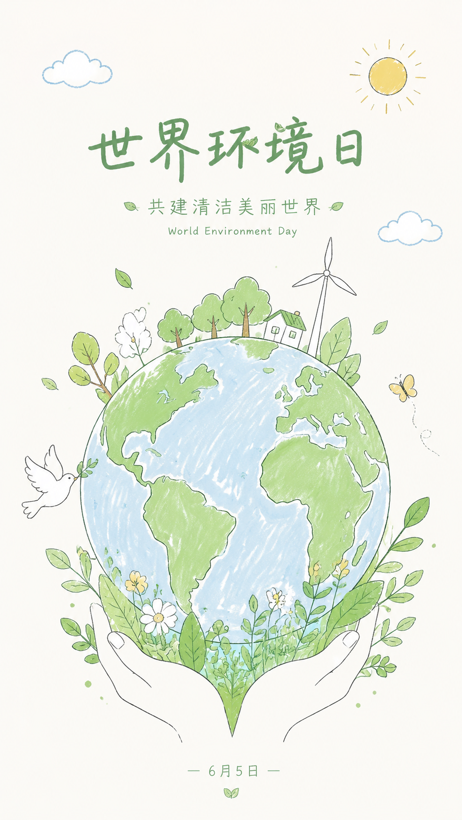世界环境日减塑捡塑简约线条手机海报