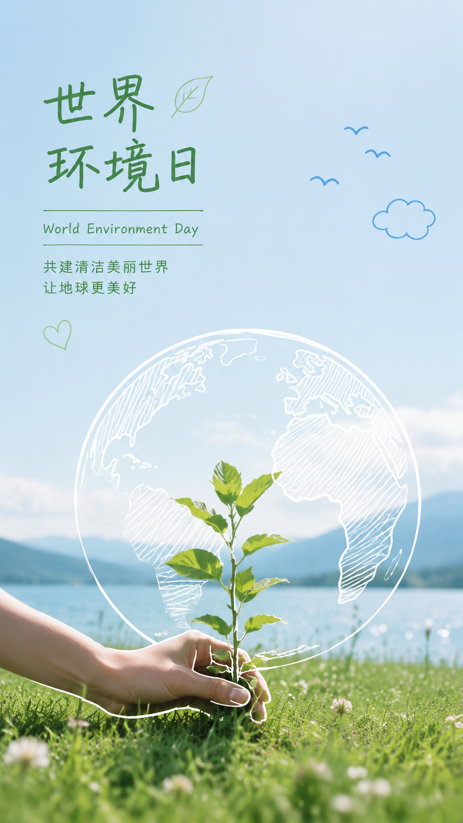世界环境日万物向荣手绘风手机海报