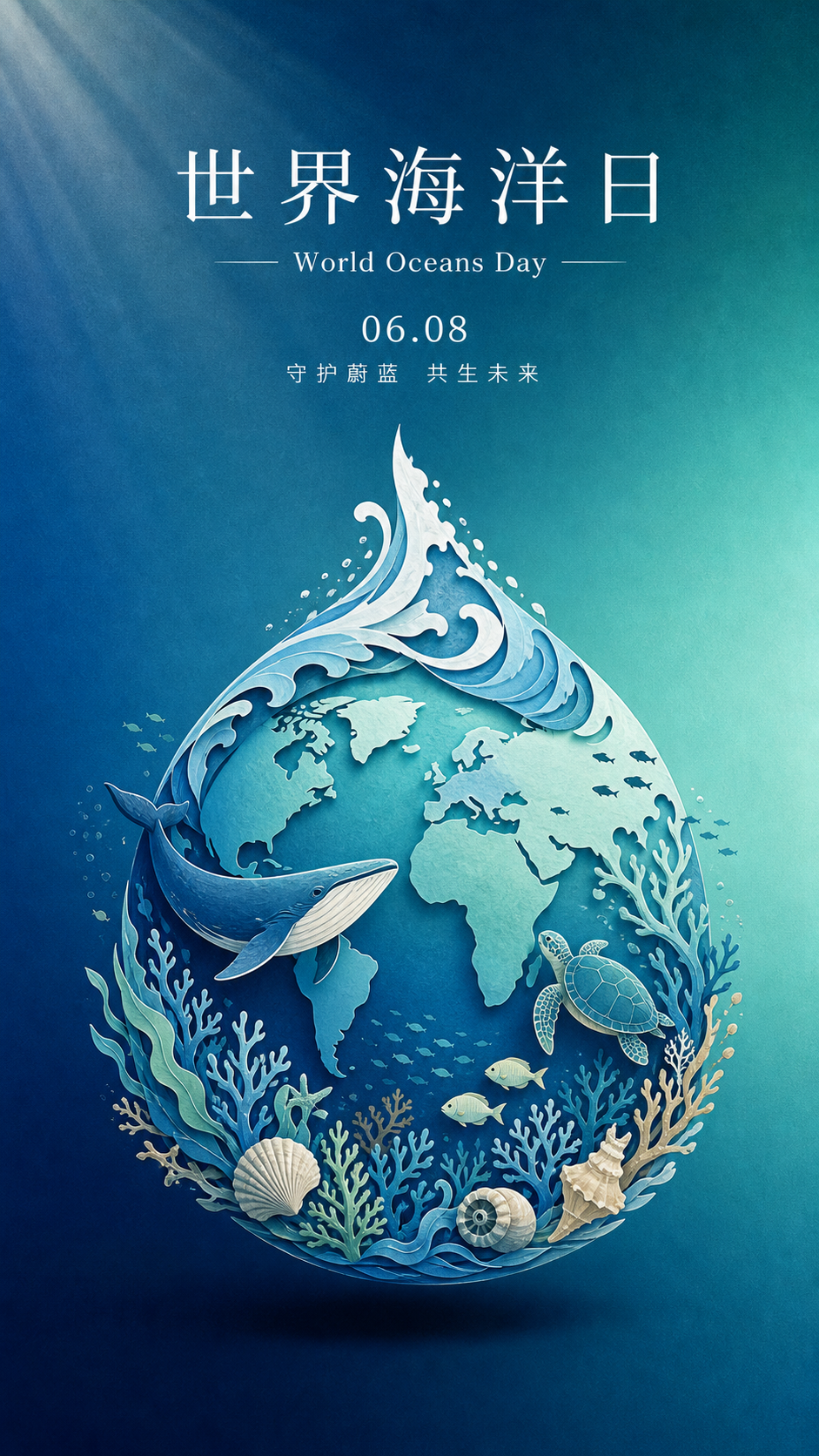 世界海洋日守护蔚蓝共生未来手机海报