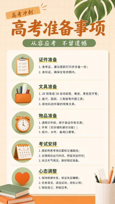 高考准备事项从容应考不留遗憾手机海报