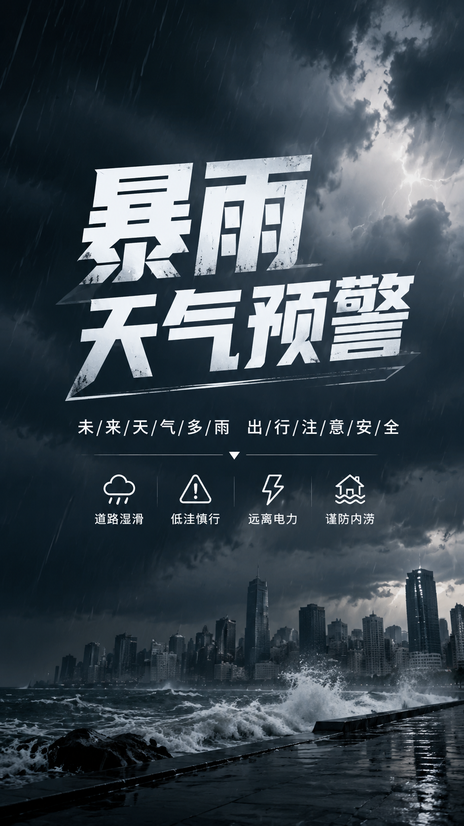 暴雨天气预警出行注意安全手机海报