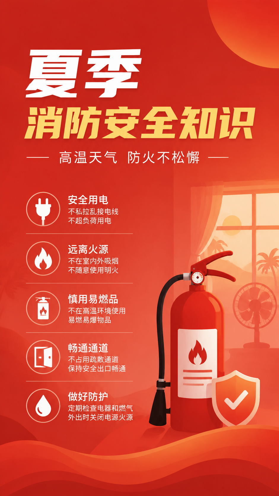夏季高温天气人人防火手机海报