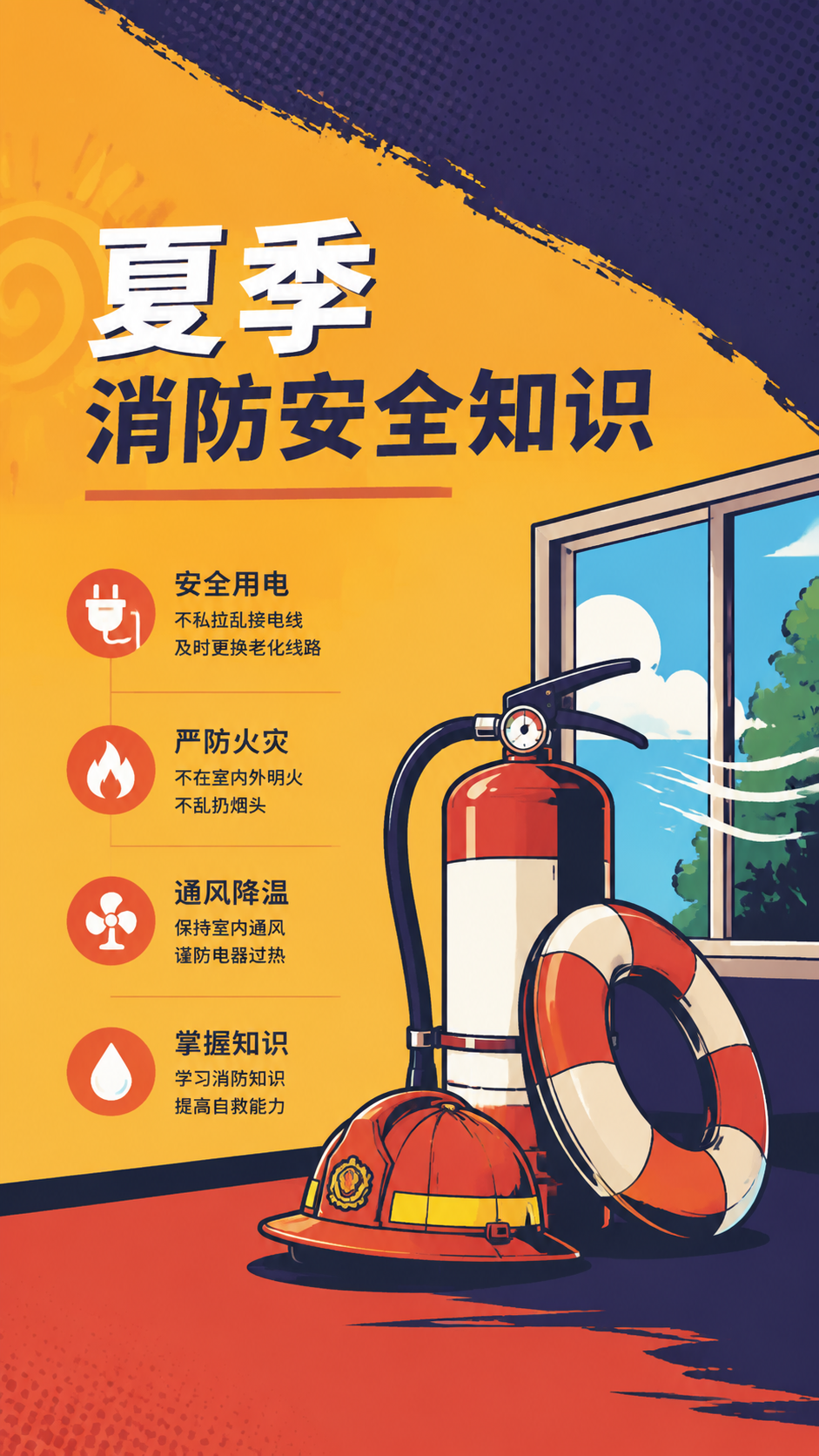 夏季安全用电严防火灾卡通风手机海报