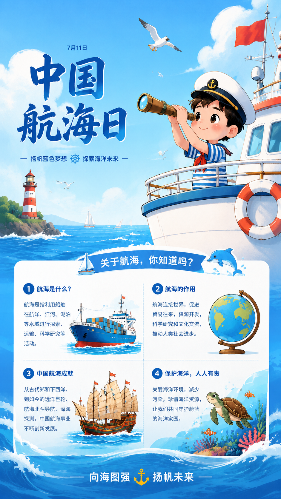 7月11日中国航海日知识科普手机海报